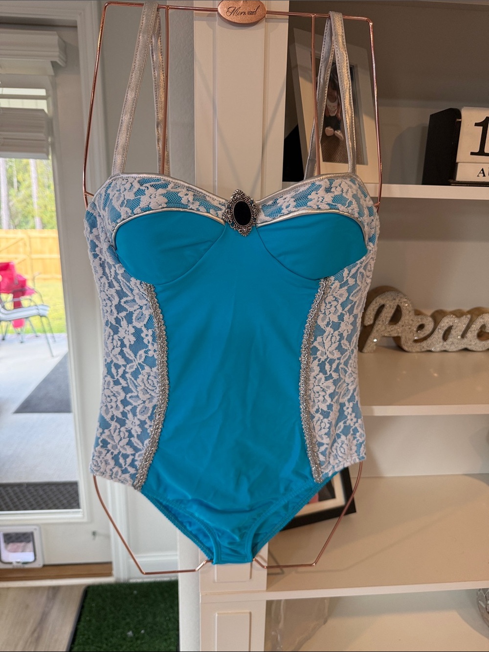 Forplay Tea Time Turquoise and White Lace Corset Bodysuit with Cape - Picture 2 of 10